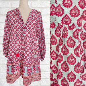 NWT Zara Long Sleeve Boho Pattern Mini Dress Blue Pink Tassels Flowy Size Medium